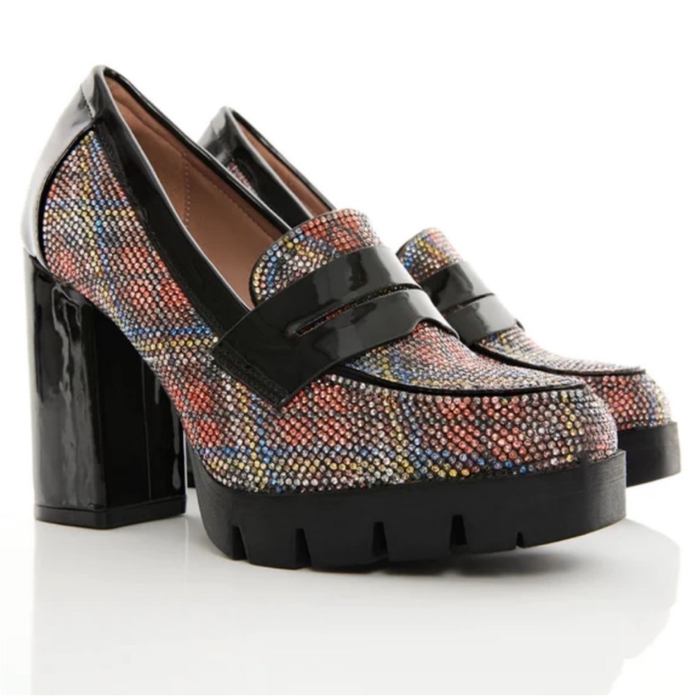 Betsey Johnson Red Plaid Rhinestone Loafer Heels